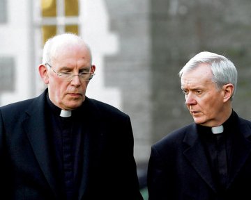 Catholic primate Cardinal Seán Brady (left) and Bishop John Fleming in conversation at Maynooth yesterday where both attended the bishops' conference.
